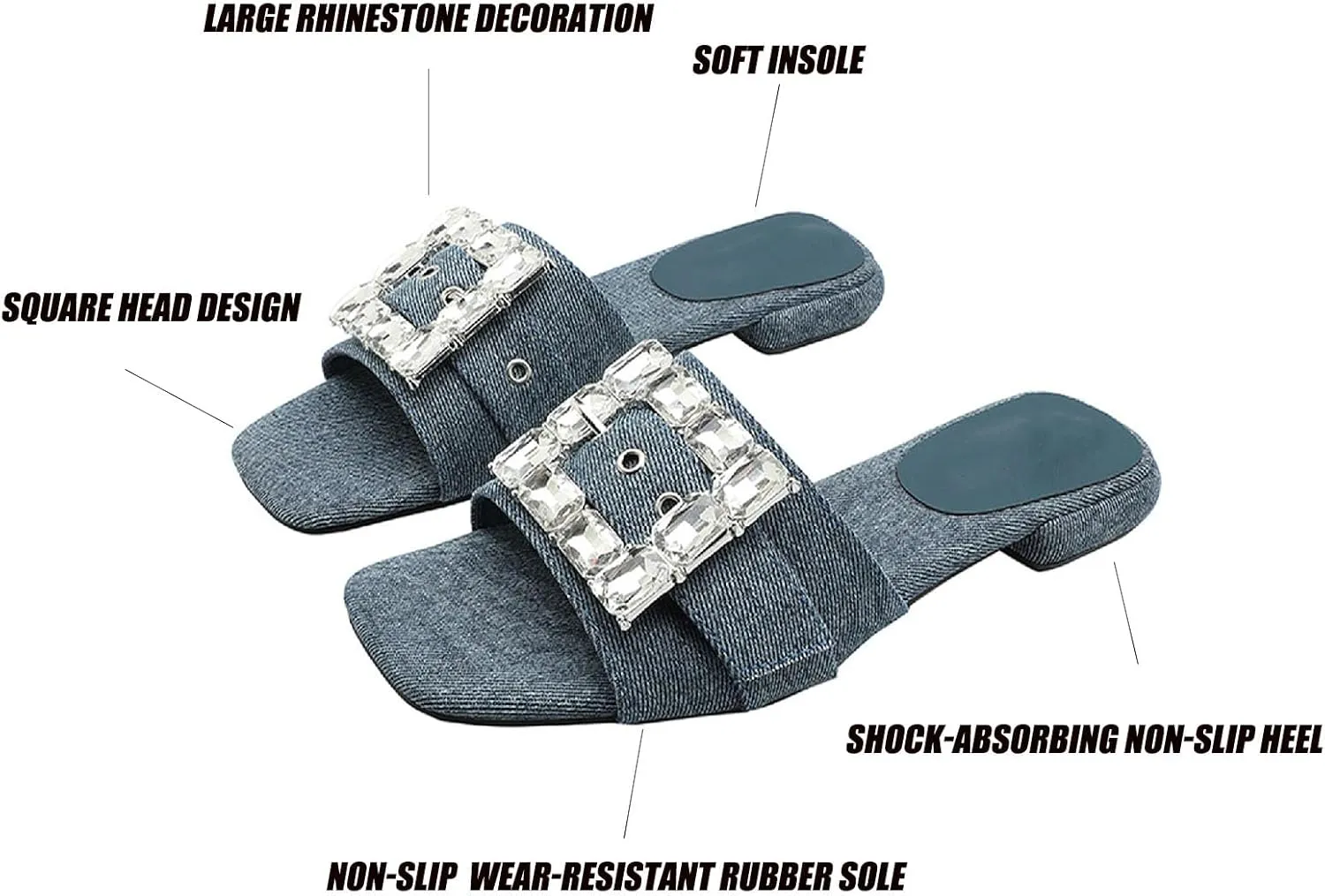 Women Denim Rhinestones Low Heel Slides Sandals Fashion Adjustable Square Buckle Slip On Square Toe Flat Dress Slippers Anti-Slip Party Evening Walking Sandals
