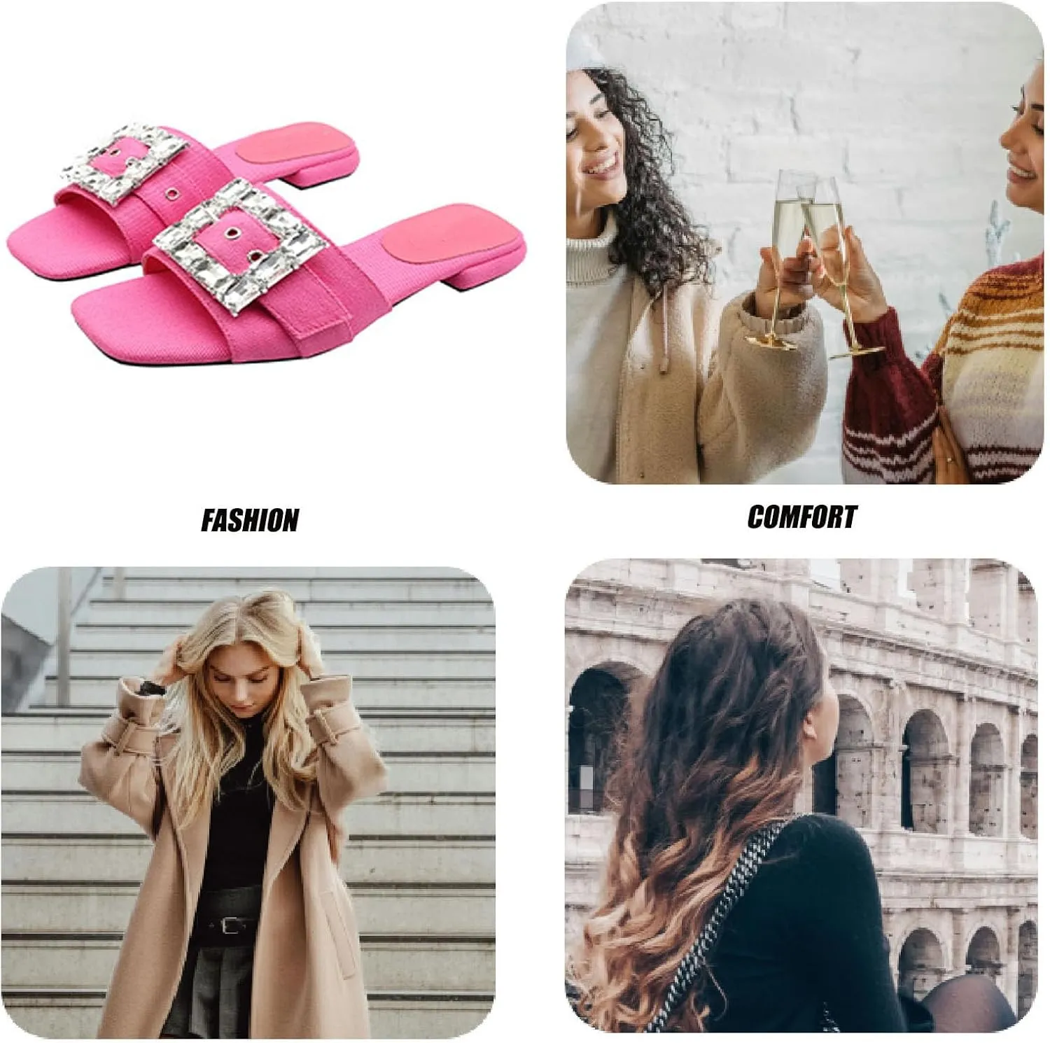 Women Denim Rhinestones Low Heel Slides Sandals Fashion Adjustable Square Buckle Slip On Square Toe Flat Dress Slippers Anti-Slip Party Evening Walking Sandals