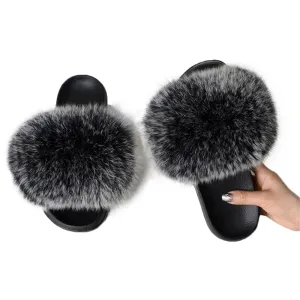 Women Fluffy Fur Slippers Summer Fur Slides Sandals Plush Designer Cute Plush Furry Shoes Furry Flip Flops Women (11, Frost black)