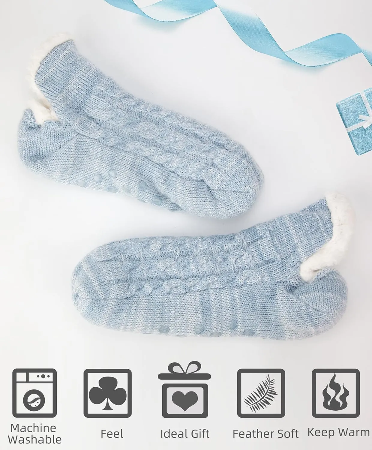 Women Knitted Slipper Socks Cozy Sherpa Fuzzy Socks Non Slip Socks Winter Indoor Double Layer Bedroom Slipper Socks