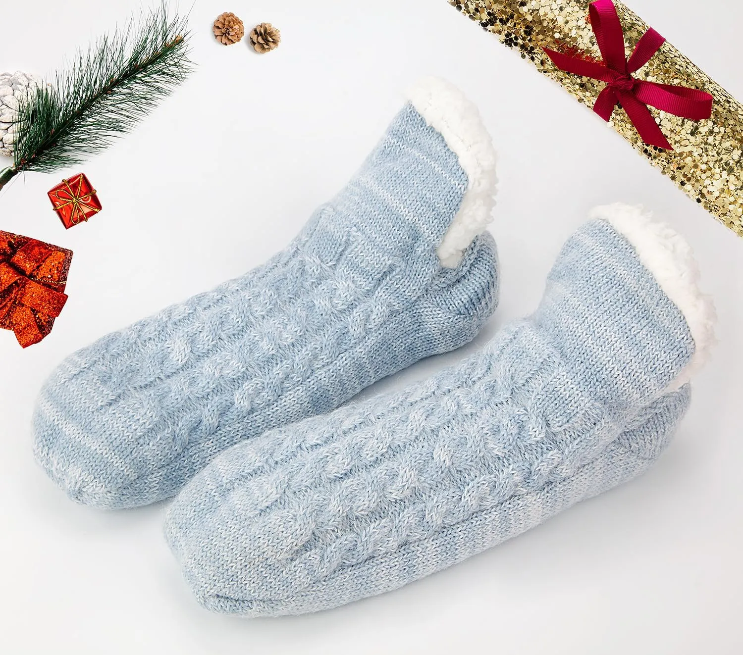 Women Knitted Slipper Socks Cozy Sherpa Fuzzy Socks Non Slip Socks Winter Indoor Double Layer Bedroom Slipper Socks