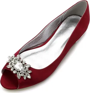 Women Satin Rhinestones Wedding Flat Peep Toe Slip on Formal Party Dress Flat Shoes 5049-30