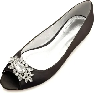 Women Satin Rhinestones Wedding Flat Peep Toe Slip on Formal Party Dress Flat Shoes 5049-30