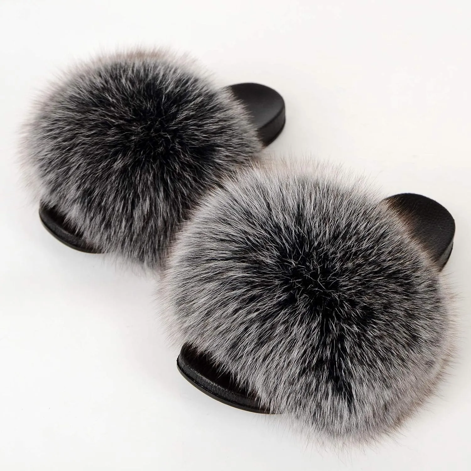 Women Summer Casual Fluffy Slippers Flat Non-Slip Furry Slides Fashion Large Size Shoes Outside Beach Sandals (10, Frost black)