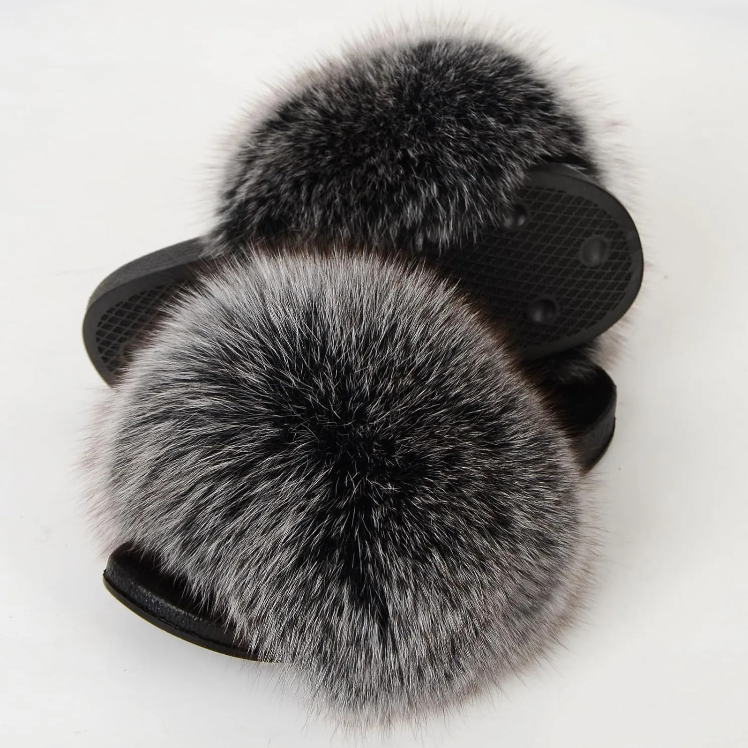 Women Summer Casual Fluffy Slippers Flat Non-Slip Furry Slides Fashion Large Size Shoes Outside Beach Sandals (10, Frost black)