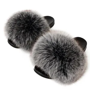Women Summer Casual Fluffy Slippers Flat Non-Slip Furry Slides Fashion Large Size Shoes Outside Beach Sandals (10, Frost black)