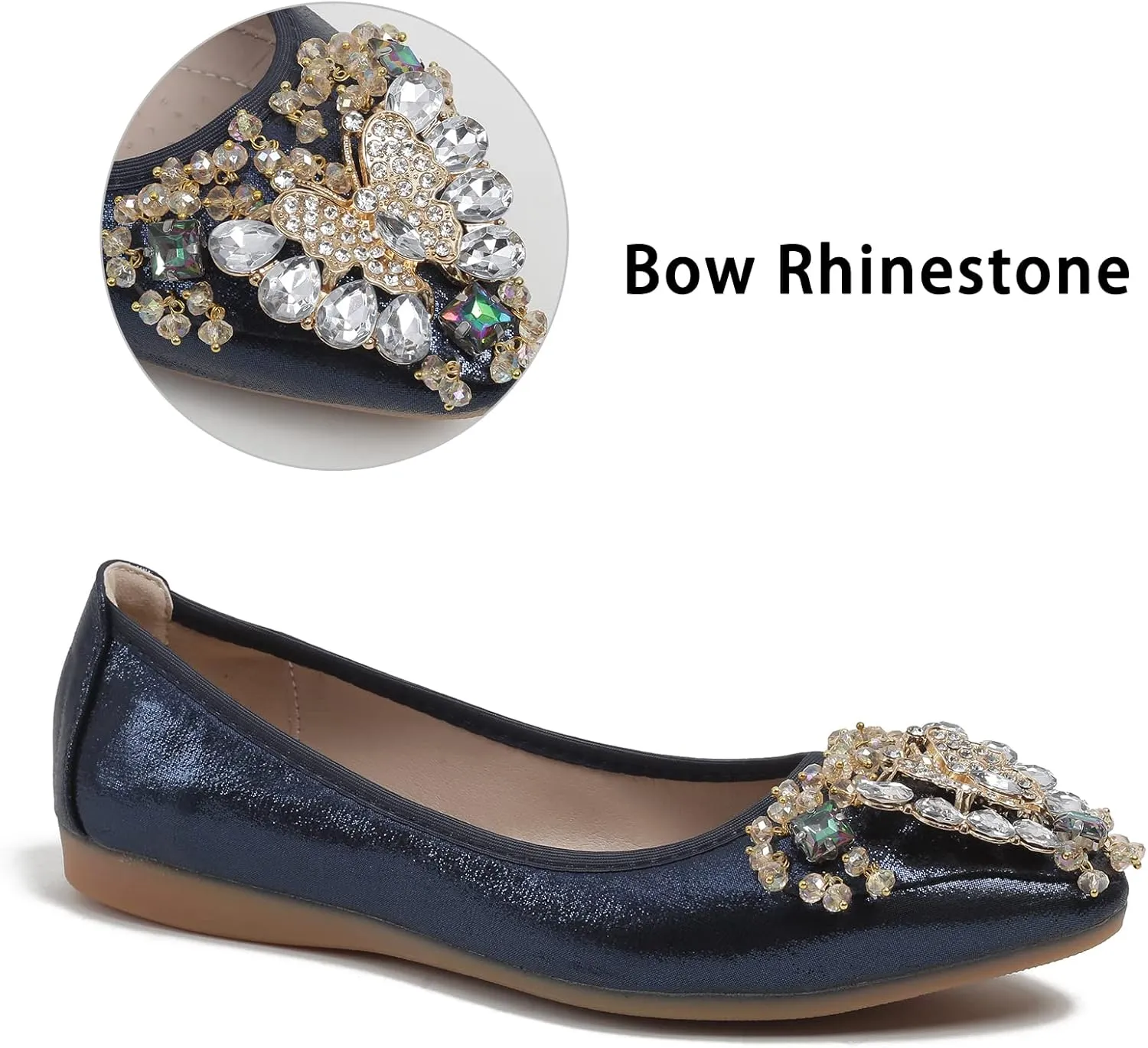 Women's Ballet Flat Shoes - Cute Rhinestones Bow Wedding Flats Slip on Flats for Women Comfort
