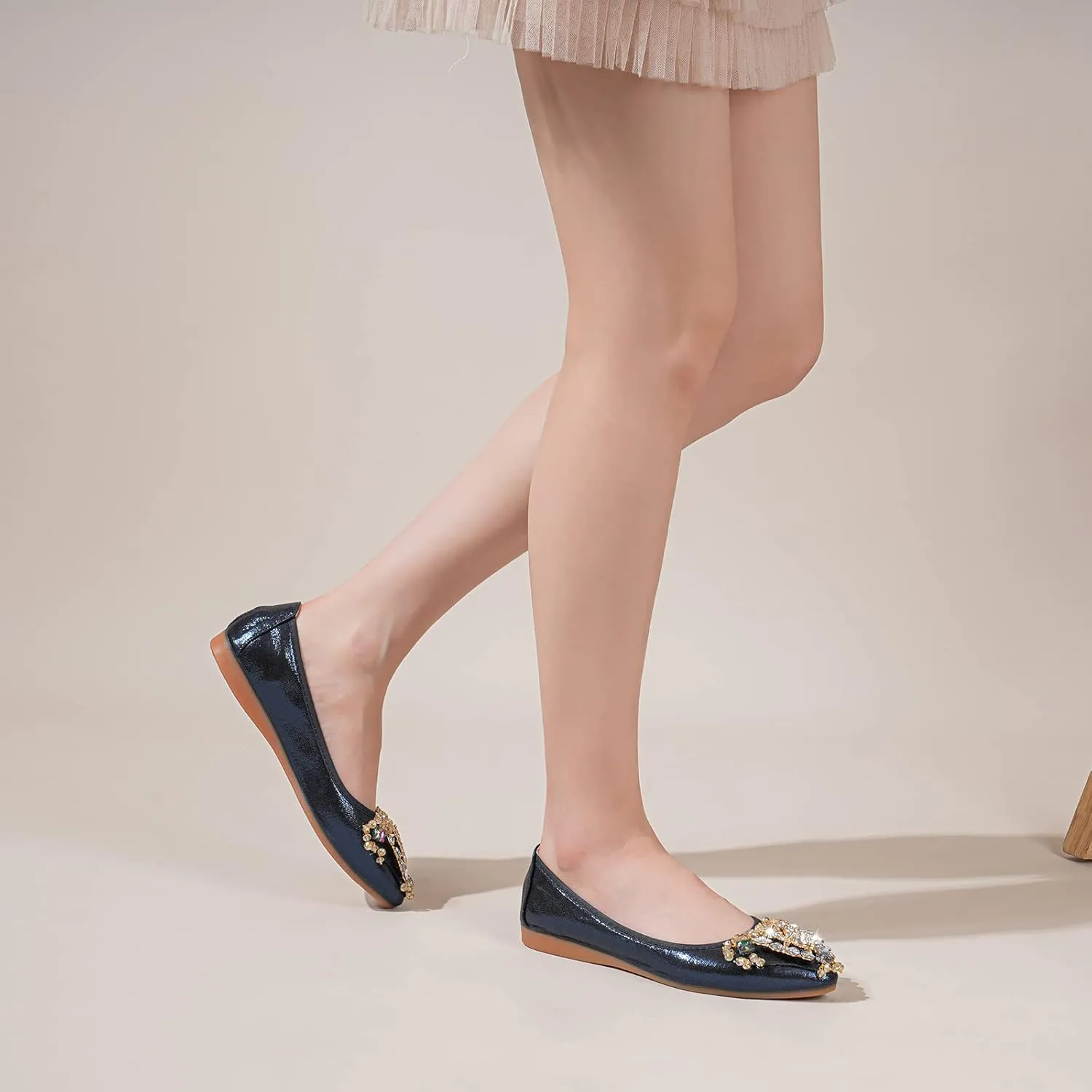 Women's Ballet Flat Shoes - Cute Rhinestones Bow Wedding Flats Slip on Flats for Women Comfort