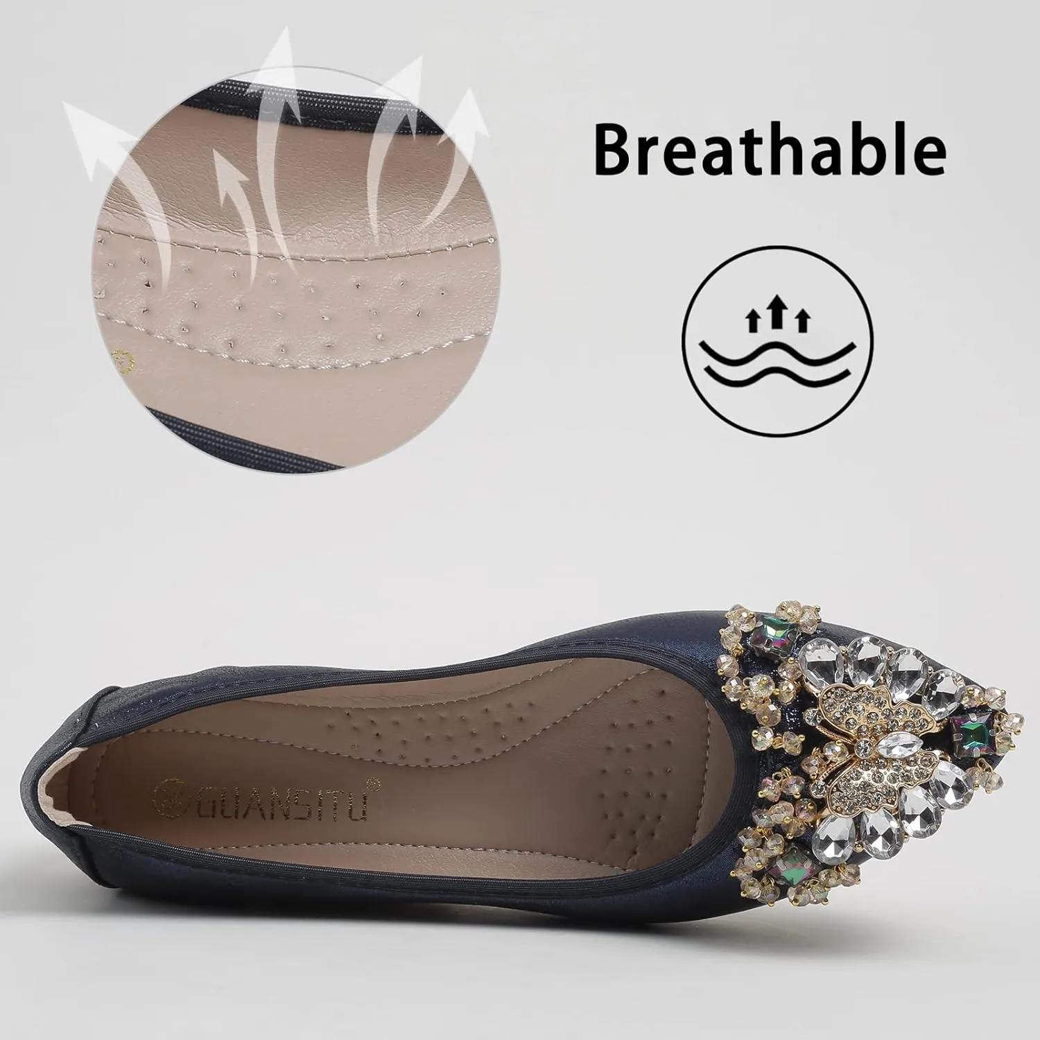 Women's Ballet Flat Shoes - Cute Rhinestones Bow Wedding Flats Slip on Flats for Women Comfort