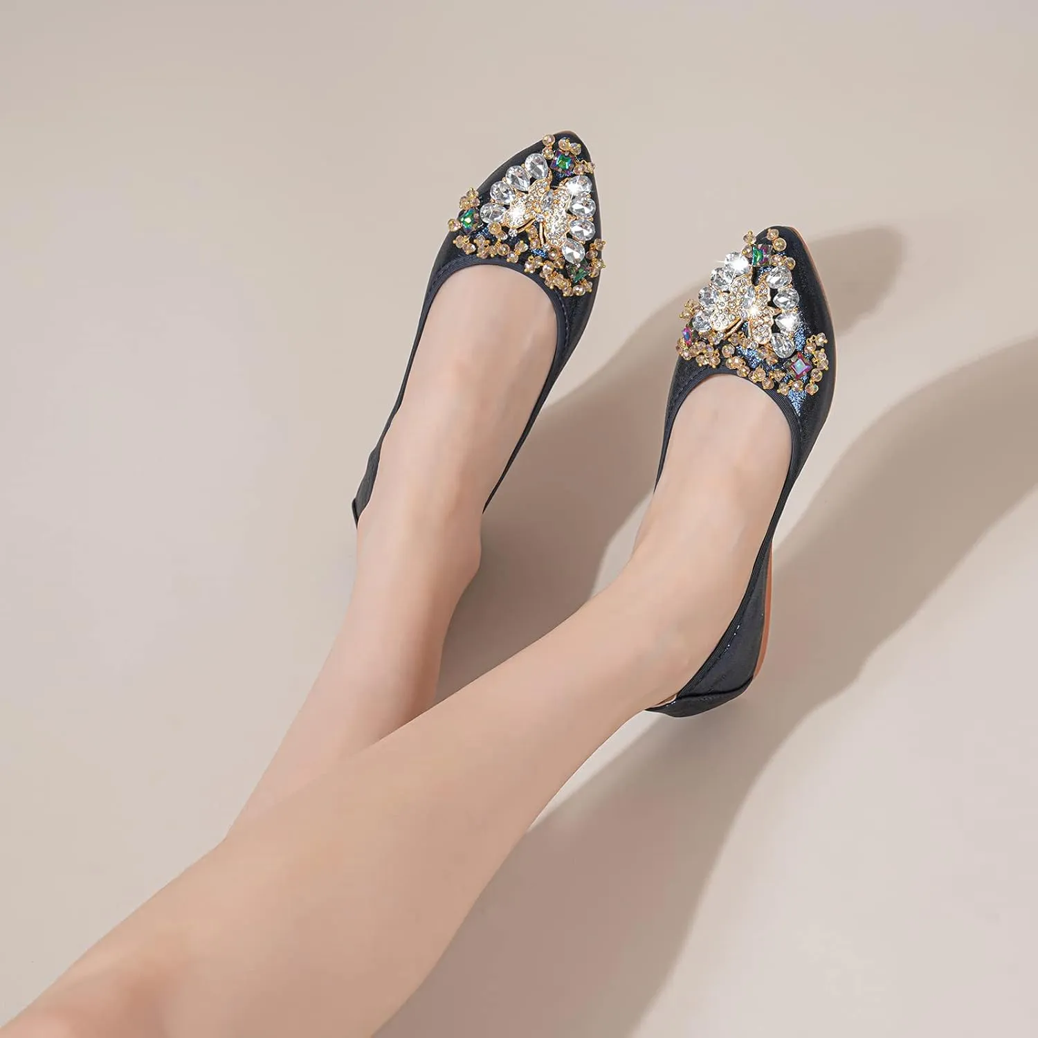 Women's Ballet Flat Shoes - Cute Rhinestones Bow Wedding Flats Slip on Flats for Women Comfort