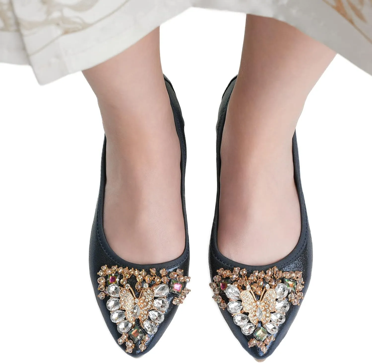 Women's Ballet Flat Shoes - Cute Rhinestones Bow Wedding Flats Slip on Flats for Women Comfort