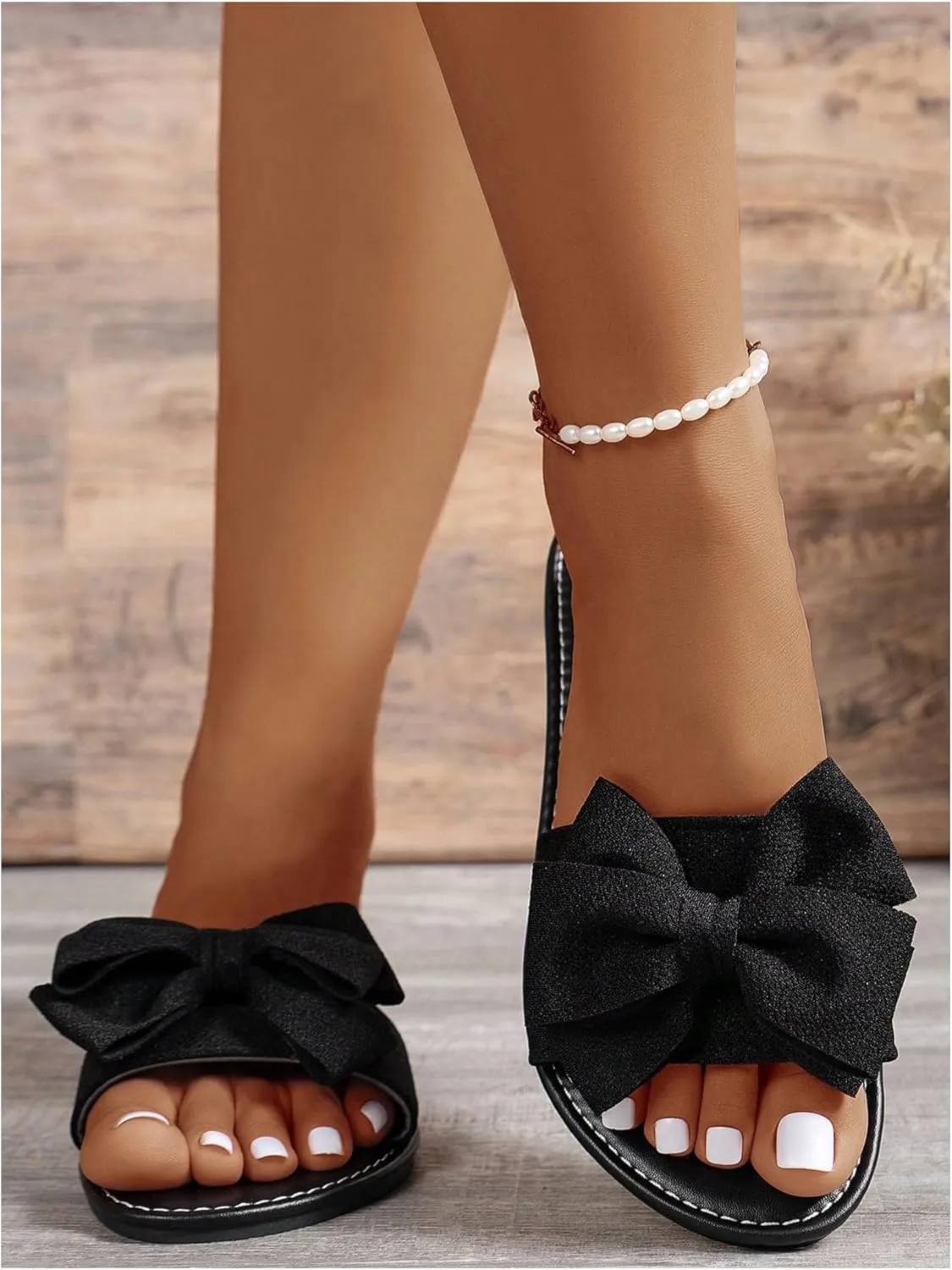 Women's Bow Flat Sandals Dressy Slide Sandals Open Toe Summer Beach Flat Shoes Slippers Slip on Slide