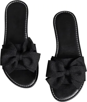 Women's Bow Flat Sandals Dressy Slide Sandals Open Toe Summer Beach Flat Shoes Slippers Slip on Slide