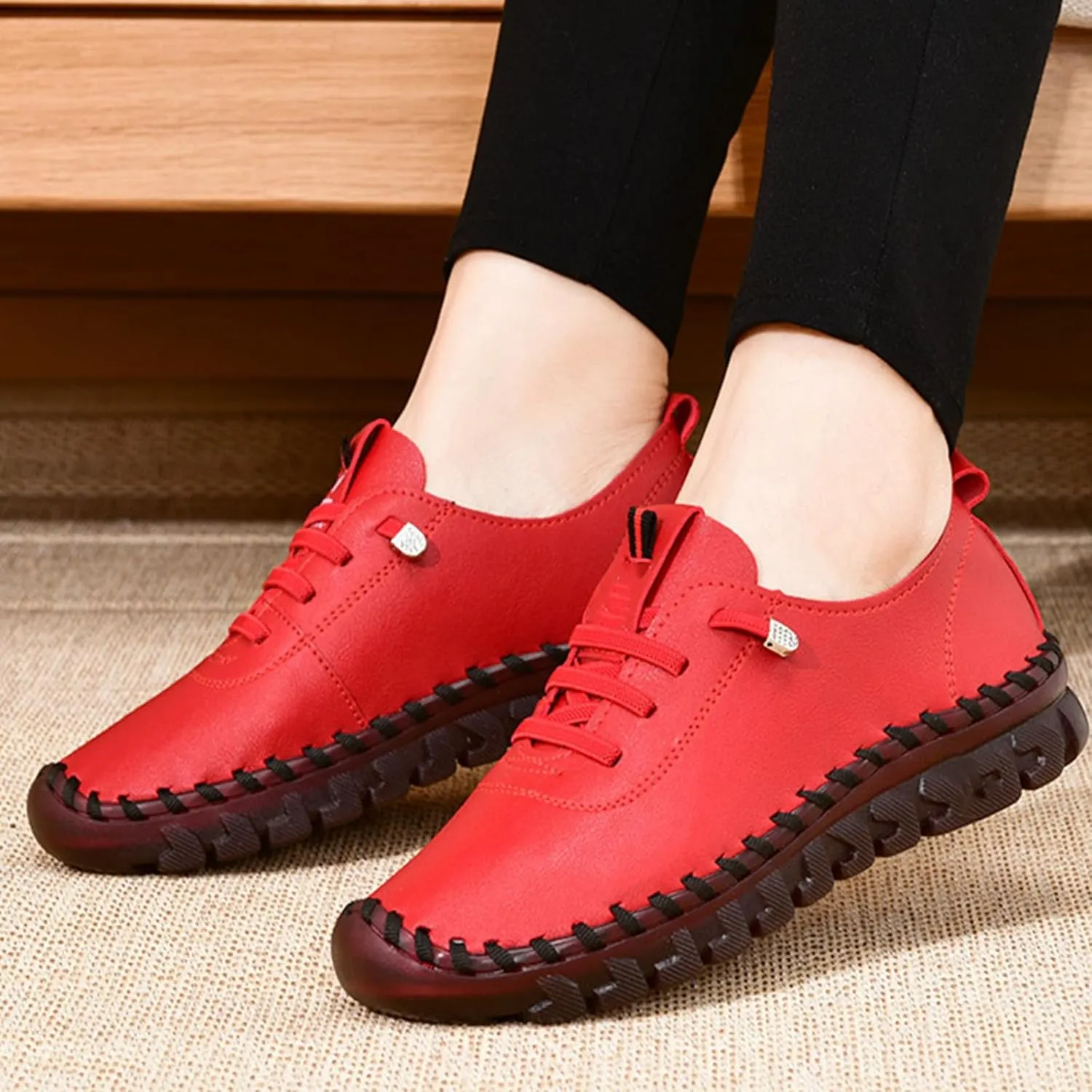 Women's Comfortable Shoes Slip On Breathable Round Head Shoe Casual Loafers Mom Comfort Shoe Handmade Beef Tendon Leisure Flat Lightweight Walking Flat