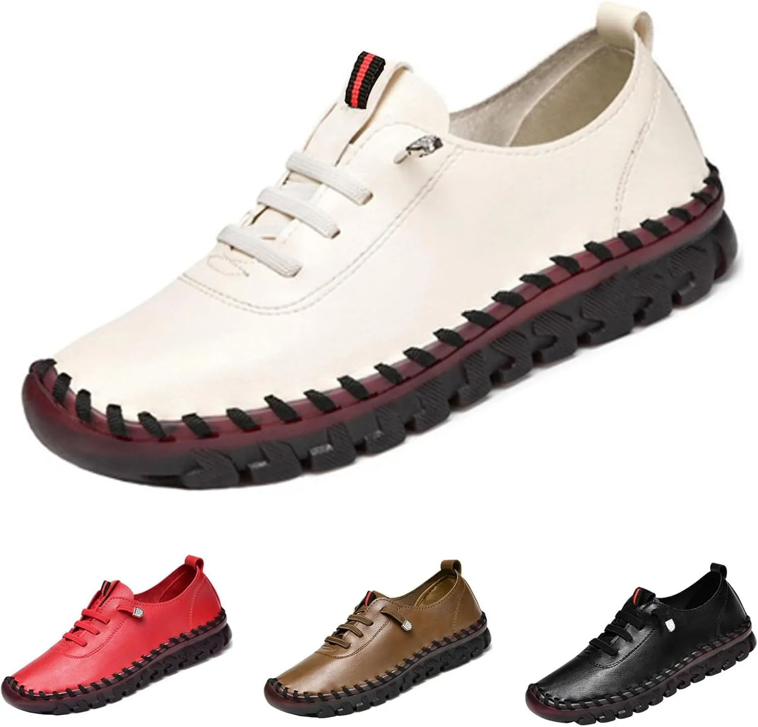 Women's Comfortable Shoes Slip On Breathable Round Head Shoe Casual Loafers Mom Comfort Shoe Handmade Beef Tendon Leisure Flat Lightweight Walking Flat