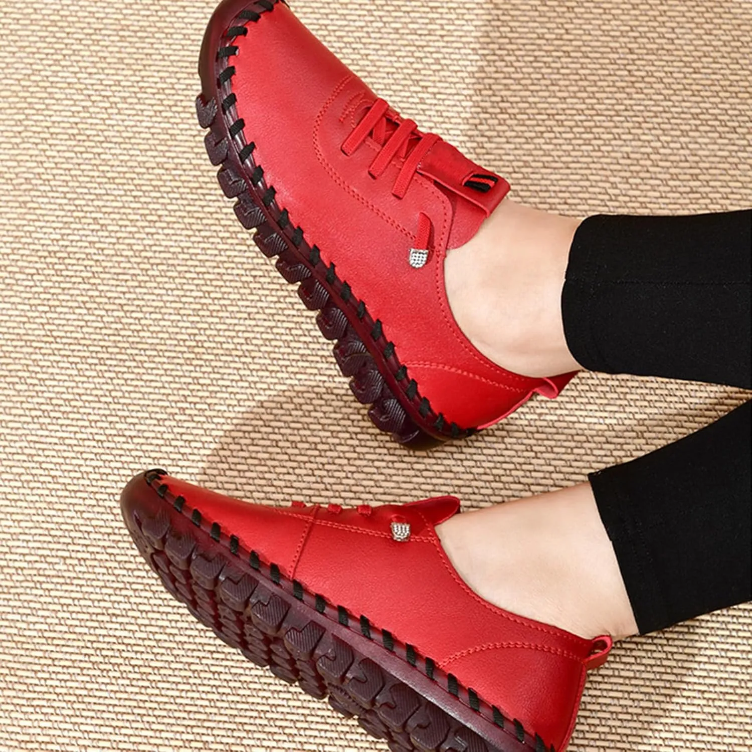 Women's Comfortable Shoes Slip On Breathable Round Head Shoe Casual Loafers Mom Comfort Shoe Handmade Beef Tendon Leisure Flat Lightweight Walking Flat