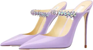 Women's Crystal Slipper Heels, Leather Pointed Toe Evening Pumps