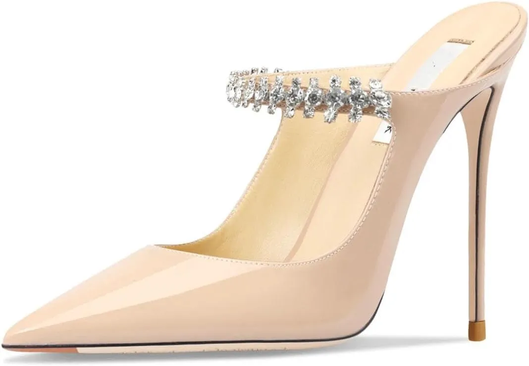 Women's Crystal Slipper Heels, Leather Pointed Toe Evening Pumps