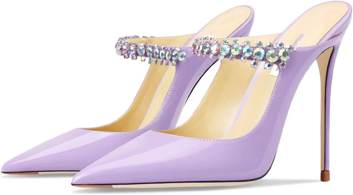 Women's Crystal Slipper Heels, Leather Pointed Toe Evening Pumps