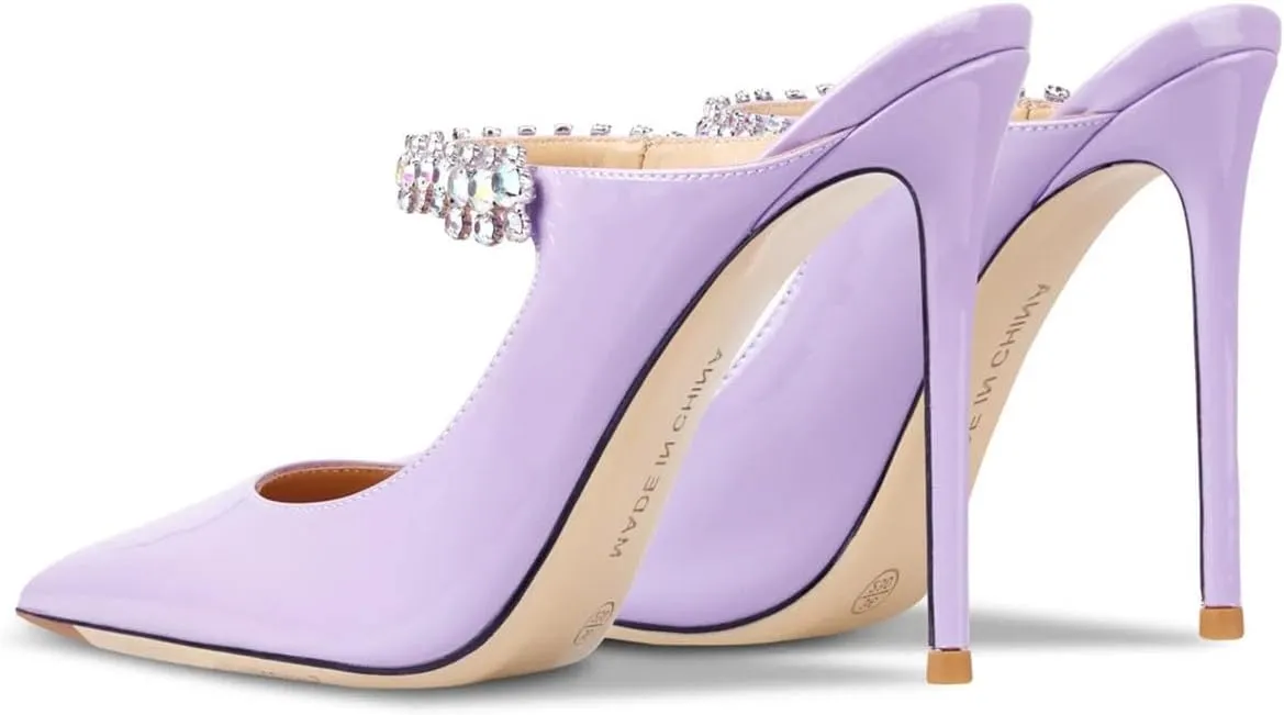 Women's Crystal Slipper Heels, Leather Pointed Toe Evening Pumps