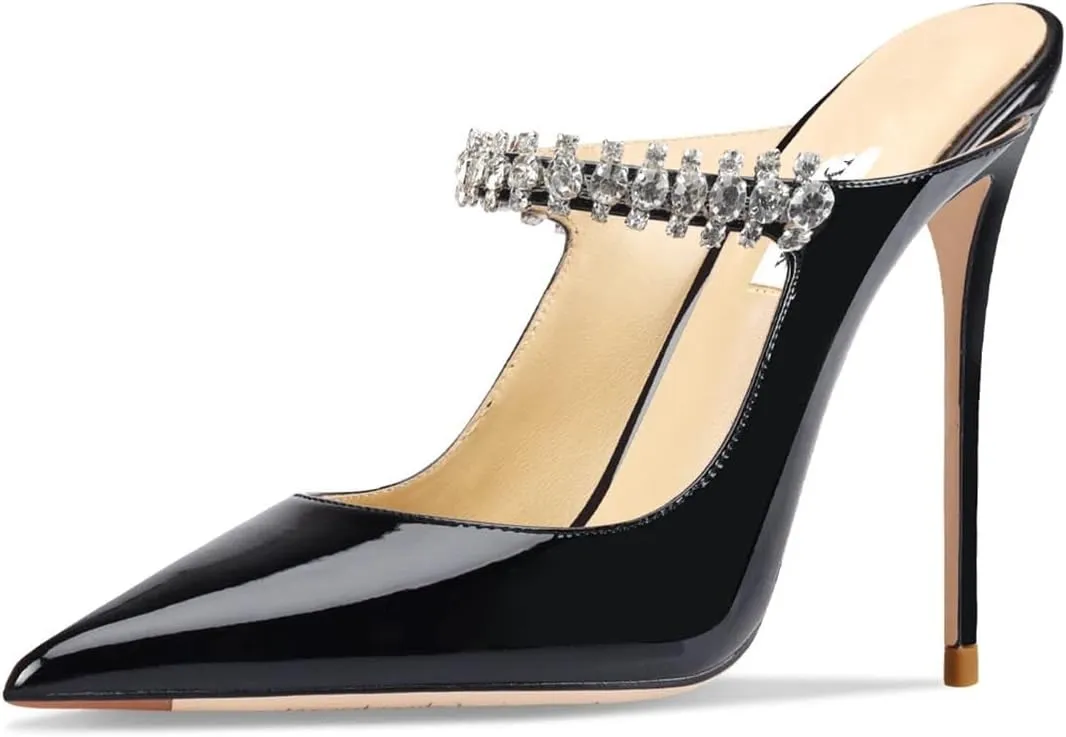 Women's Crystal Slipper Heels, Leather Pointed Toe Evening Pumps