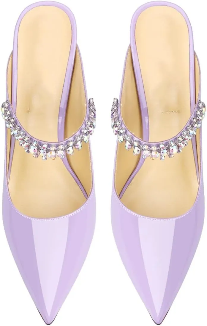 Women's Crystal Slipper Heels, Leather Pointed Toe Evening Pumps
