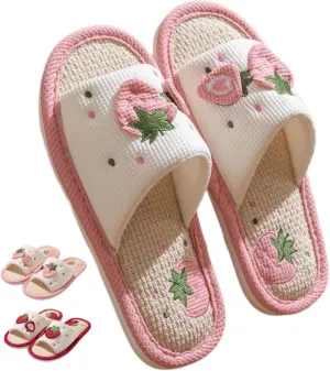 Women's Cute Strawberry Slippers Indoor Breathable Linen House Shoes Home Slides Summer Open Toe Slip On Slippers Portable Lightweight