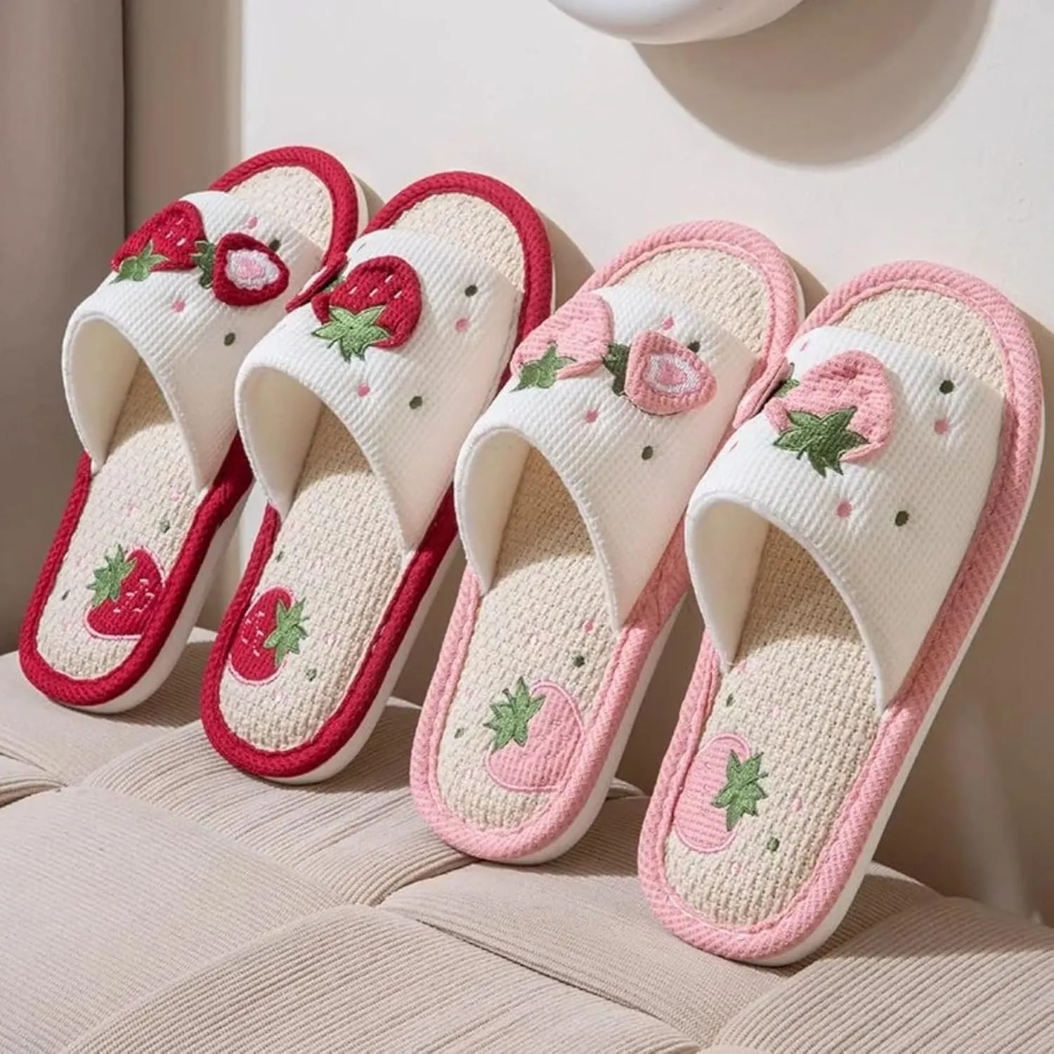 Women's Cute Strawberry Slippers Indoor Breathable Linen House Shoes Home Slides Summer Open Toe Slip On Slippers Portable Lightweight
