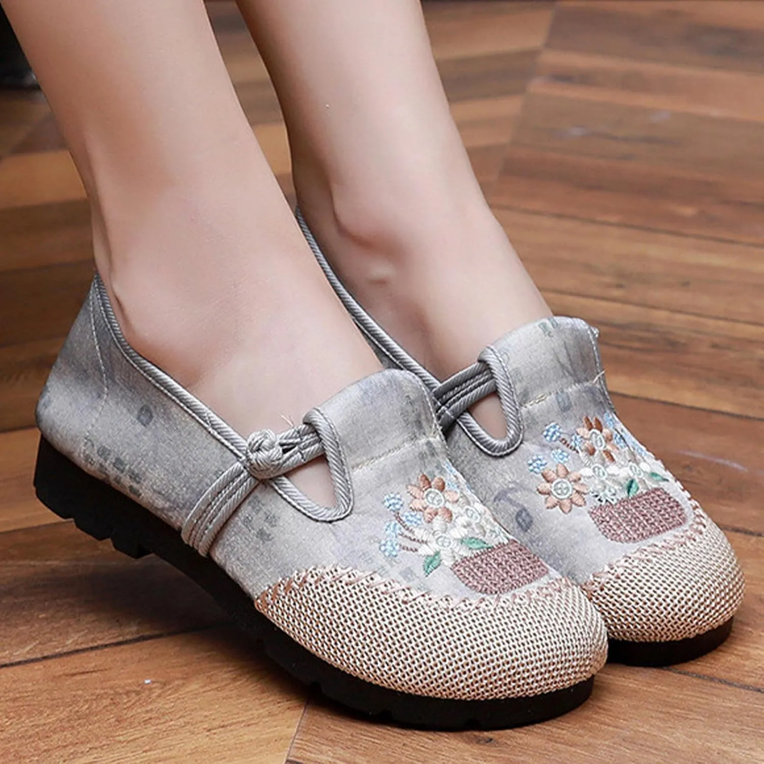 Women's Fashion Chinese Traditional Linen Shoes, Slip On Sweet Embroider Flat Heel Casual Footwear, Soft Breathable Retro Flat Shoes
