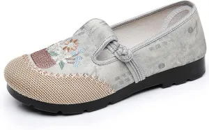 Women's Fashion Chinese Traditional Linen Shoes, Slip On Sweet Embroider Flat Heel Casual Footwear, Soft Breathable Retro Flat Shoes