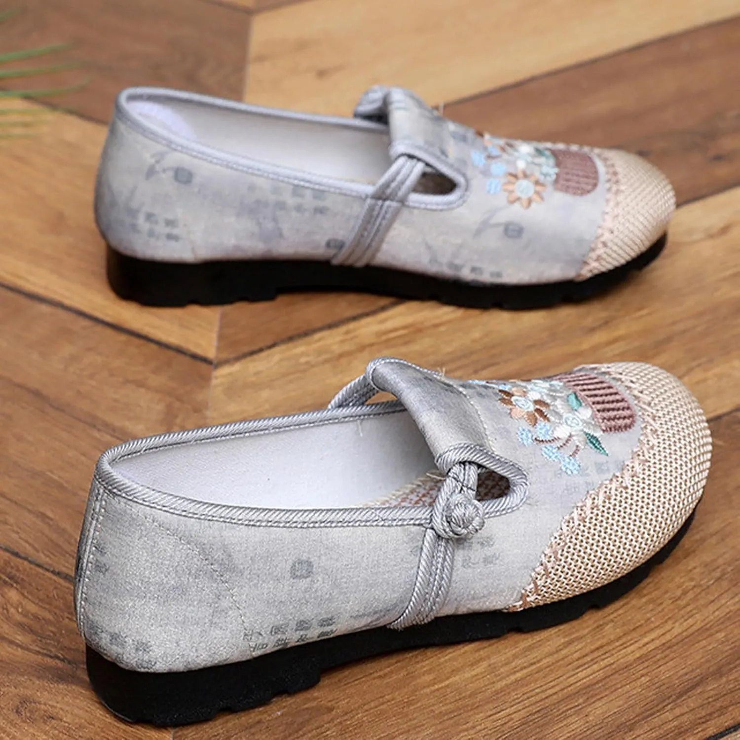 Women's Fashion Chinese Traditional Linen Shoes, Slip On Sweet Embroider Flat Heel Casual Footwear, Soft Breathable Retro Flat Shoes
