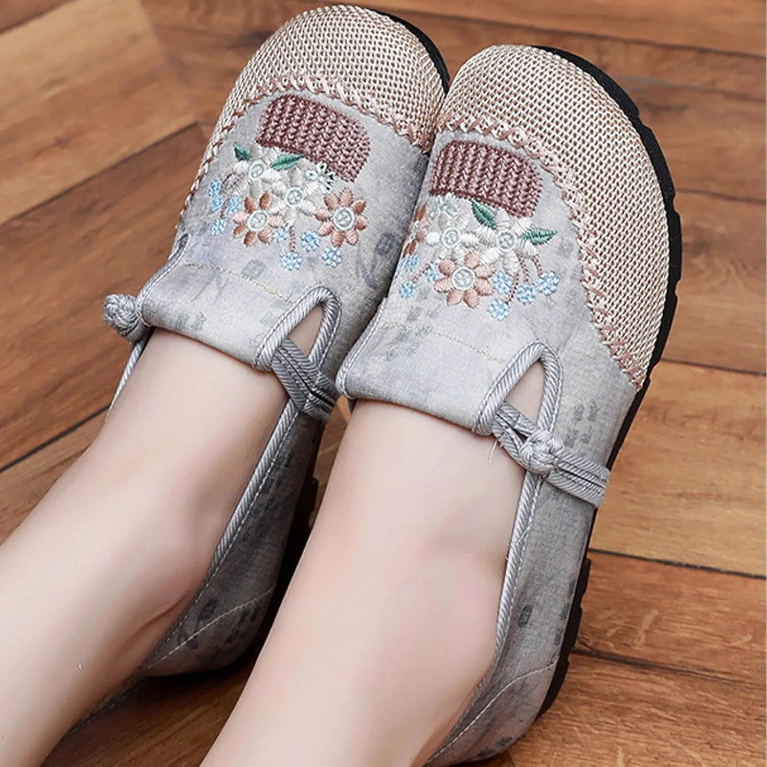 Women's Fashion Chinese Traditional Linen Shoes, Slip On Sweet Embroider Flat Heel Casual Footwear, Soft Breathable Retro Flat Shoes