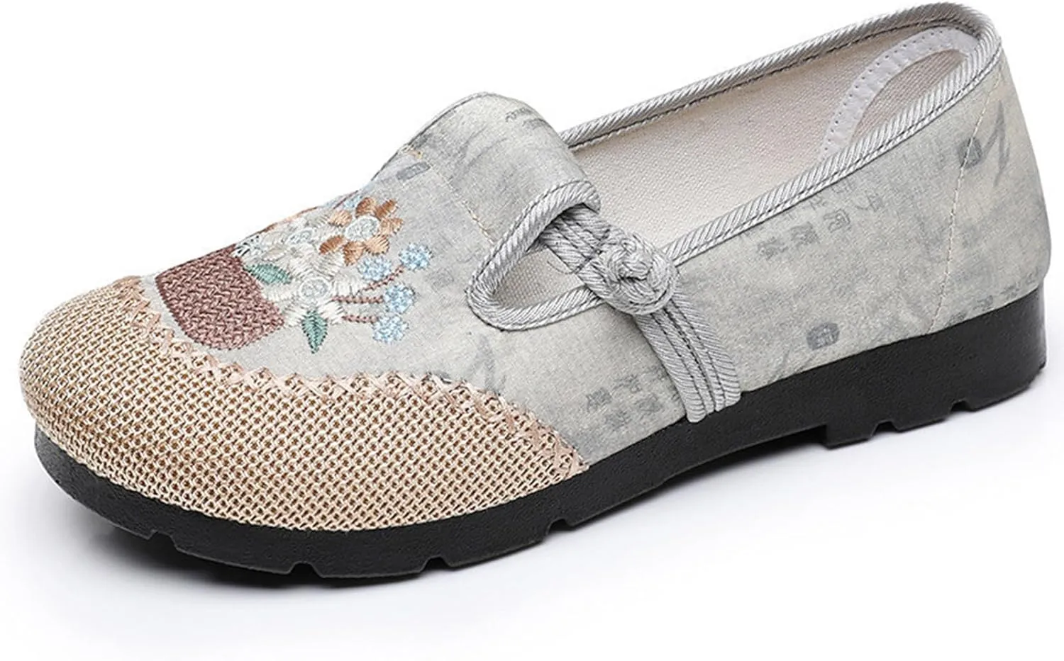 Women's Fashion Chinese Traditional Linen Shoes, Slip On Sweet Embroider Flat Heel Casual Footwear, Soft Breathable Retro Flat Shoes