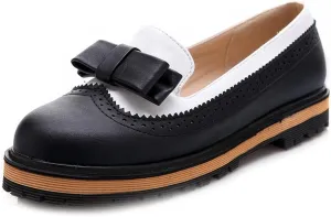 Women's Flat Bow Oxford Shoes Two Tone Slip On Perforated Low Heel School Uniform Oxfords Brogues