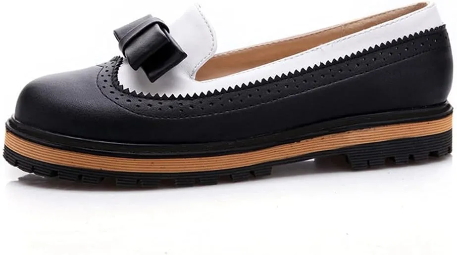 Women's Flat Bow Oxford Shoes Two Tone Slip On Perforated Low Heel School Uniform Oxfords Brogues