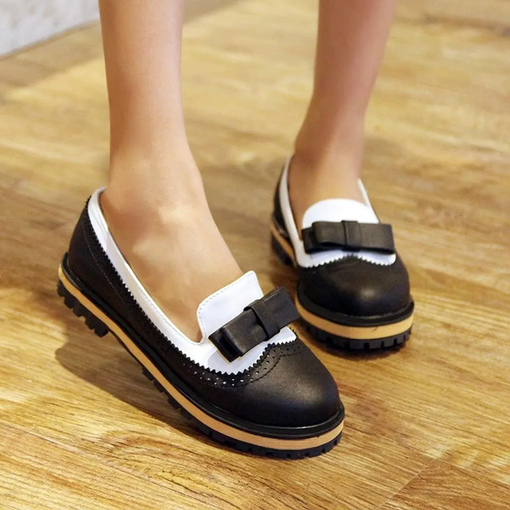 Women's Flat Bow Oxford Shoes Two Tone Slip On Perforated Low Heel School Uniform Oxfords Brogues