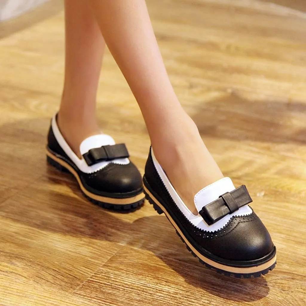 Women's Flat Bow Oxford Shoes Two Tone Slip On Perforated Low Heel School Uniform Oxfords Brogues