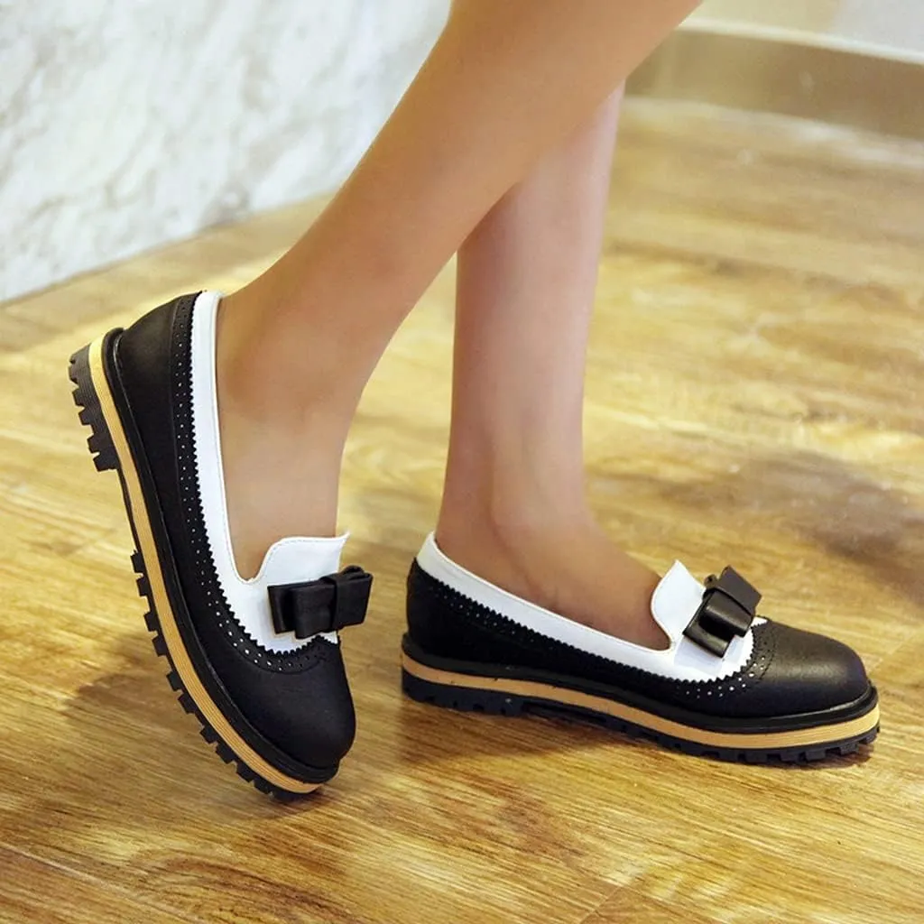 Women's Flat Bow Oxford Shoes Two Tone Slip On Perforated Low Heel School Uniform Oxfords Brogues