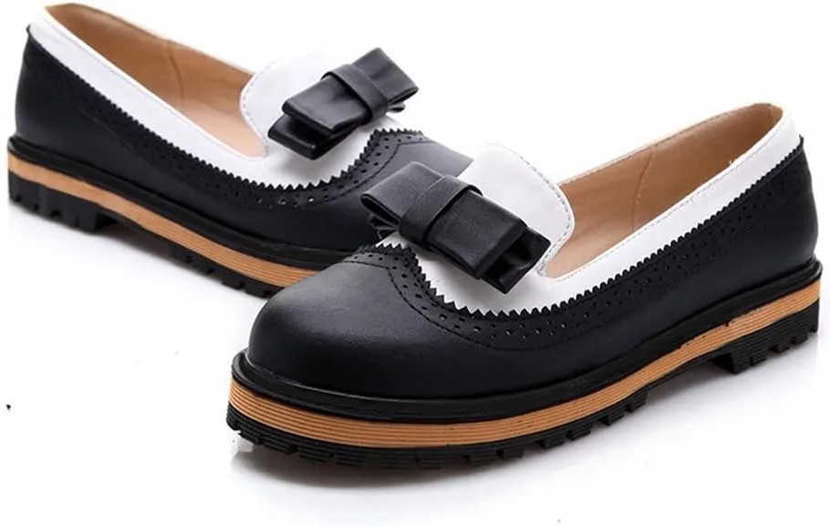Women's Flat Bow Oxford Shoes Two Tone Slip On Perforated Low Heel School Uniform Oxfords Brogues