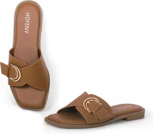 Womens Flat Sandals Round Open Toe Slip On Leather Slides for Summer