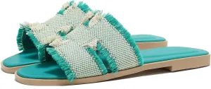 Women's Flat Slide Sandals Square Open Toe Flat Sandals Summer Flats Casual Slip on Fringe Trim