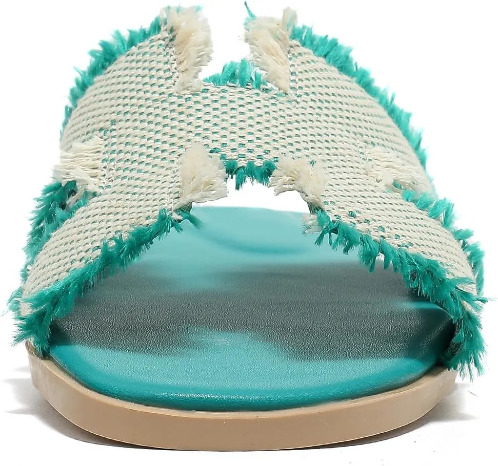 Women's Flat Slide Sandals Square Open Toe Flat Sandals Summer Flats Casual Slip on Fringe Trim