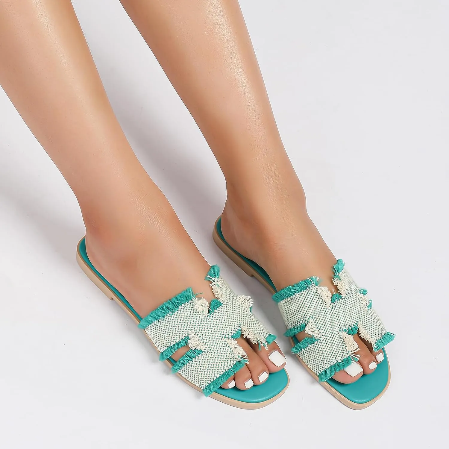 Women's Flat Slide Sandals Square Open Toe Flat Sandals Summer Flats Casual Slip on Fringe Trim
