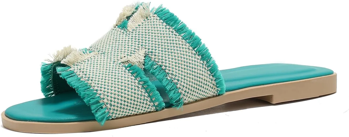 Women's Flat Slide Sandals Square Open Toe Flat Sandals Summer Flats Casual Slip on Fringe Trim