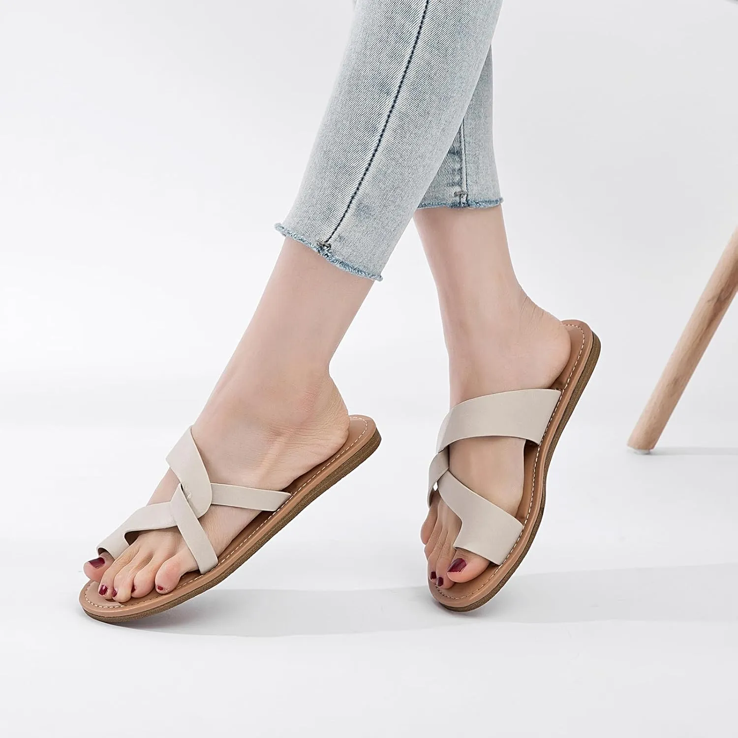 Women's Flat Slides Sandals, Summer Flip Flops Comfort Round Open Toe Slip On Strap Thong Beach Shoes for Women.