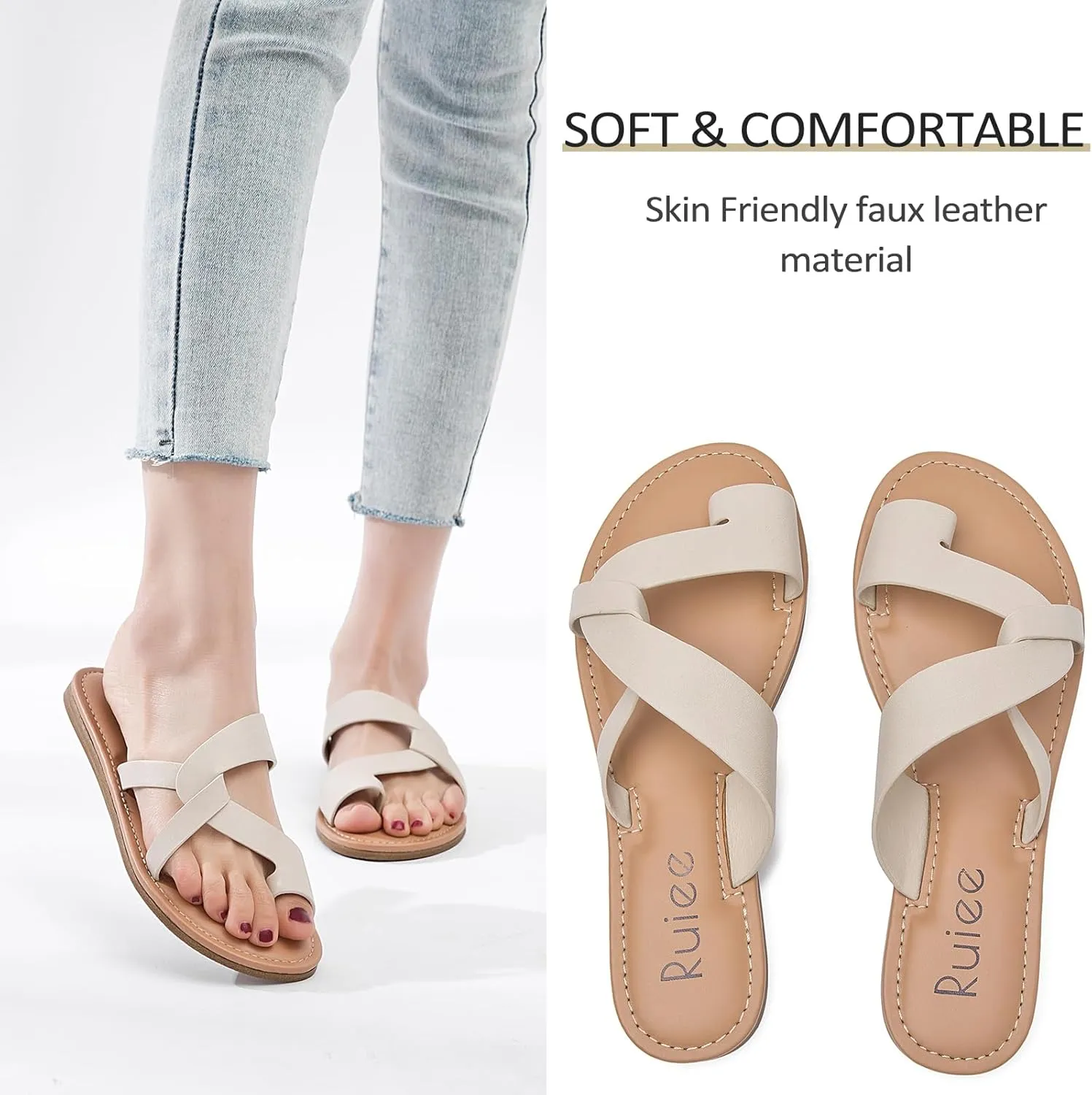 Women's Flat Slides Sandals, Summer Flip Flops Comfort Round Open Toe Slip On Strap Thong Beach Shoes for Women.