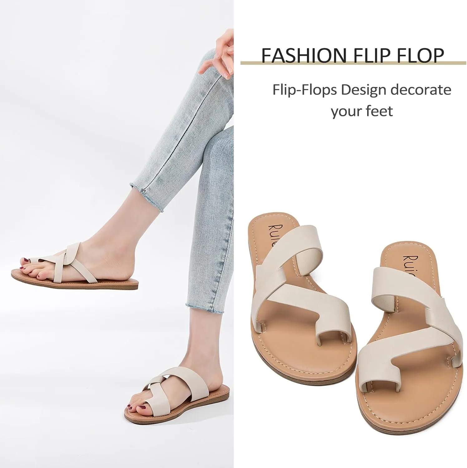 Women's Flat Slides Sandals, Summer Flip Flops Comfort Round Open Toe Slip On Strap Thong Beach Shoes for Women.