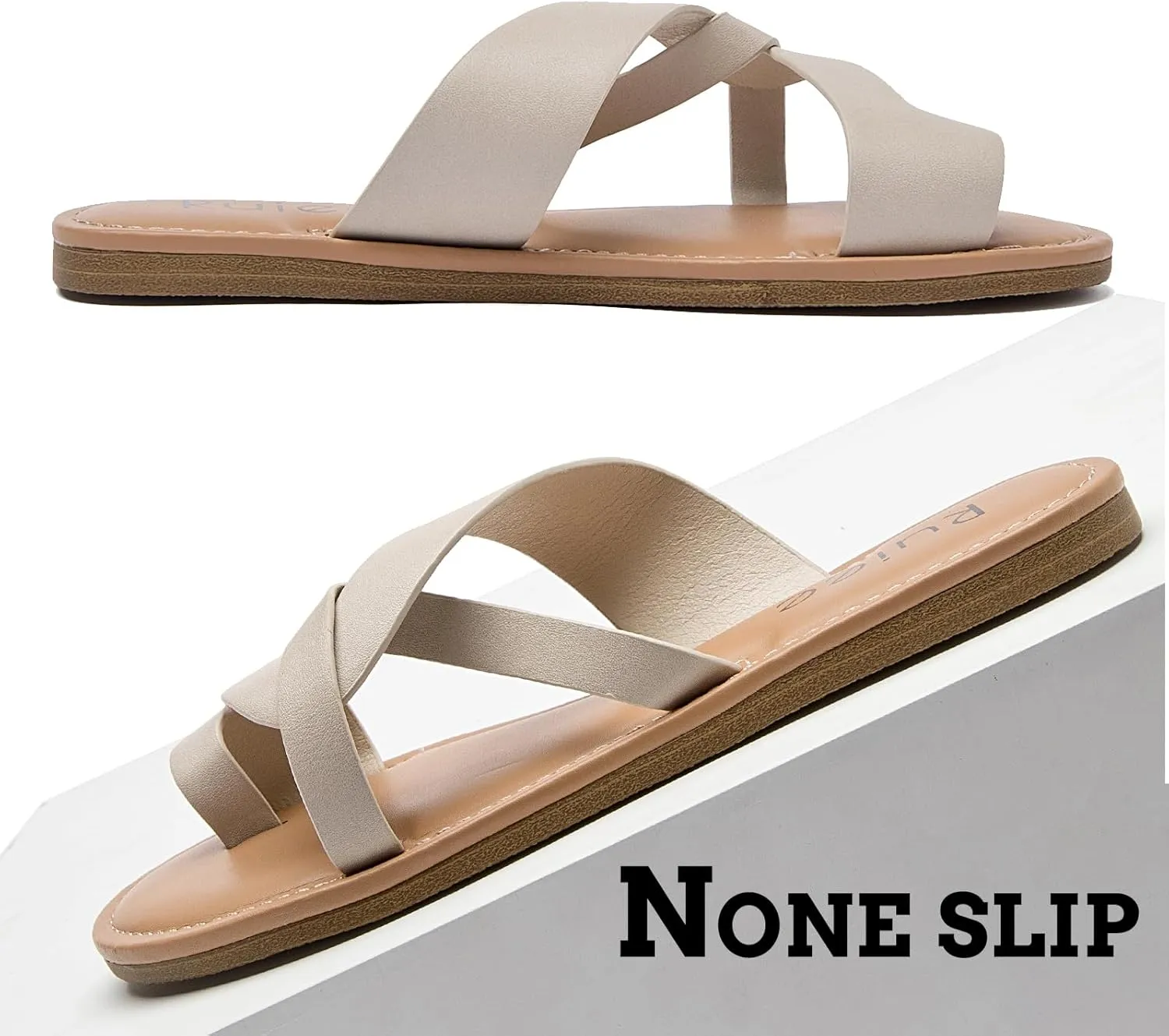 Women's Flat Slides Sandals, Summer Flip Flops Comfort Round Open Toe Slip On Strap Thong Beach Shoes for Women.
