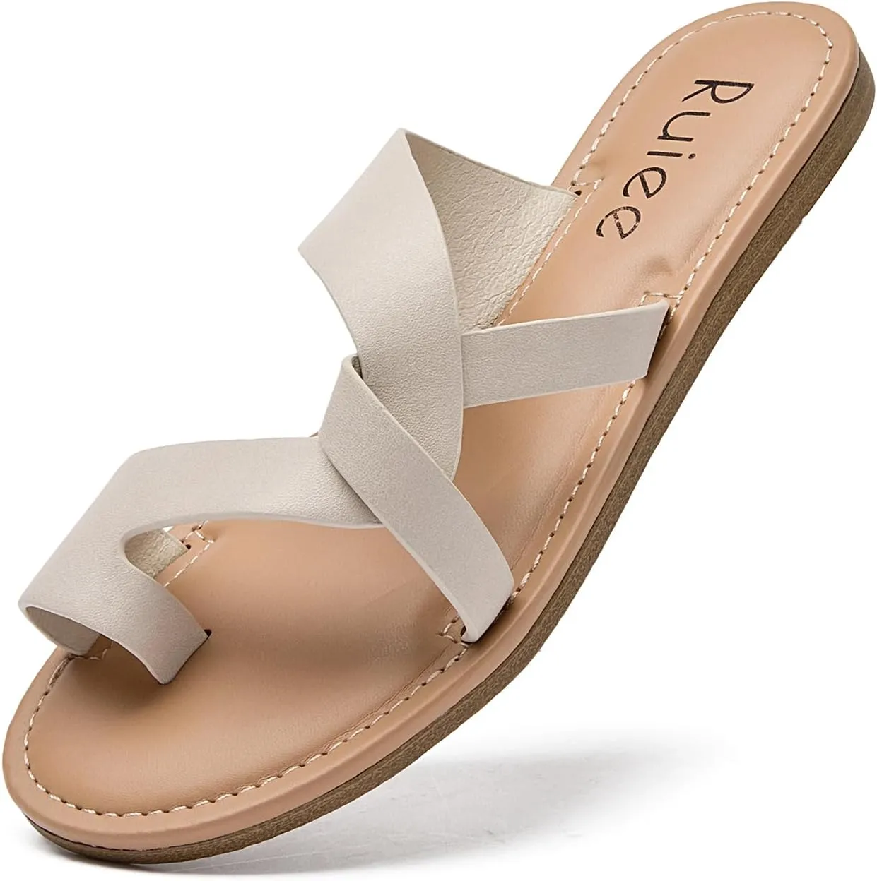 Women's Flat Slides Sandals, Summer Flip Flops Comfort Round Open Toe Slip On Strap Thong Beach Shoes for Women.