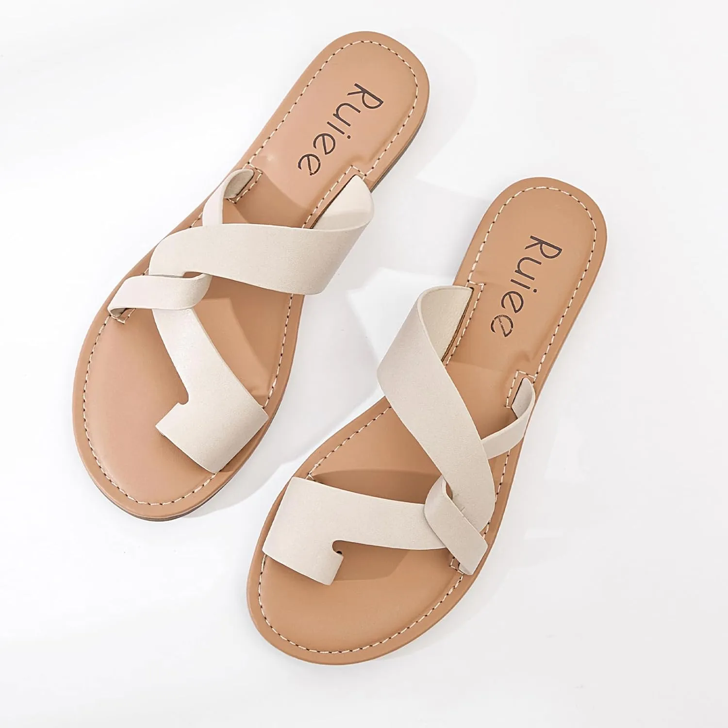 Women's Flat Slides Sandals, Summer Flip Flops Comfort Round Open Toe Slip On Strap Thong Beach Shoes for Women.